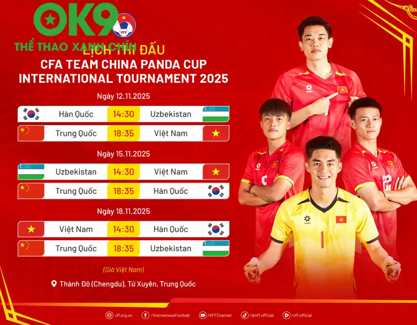 Lịch thi đấu của U23 Việt Nam tại giải giao hữu Panda Cup ở Trung Quốc